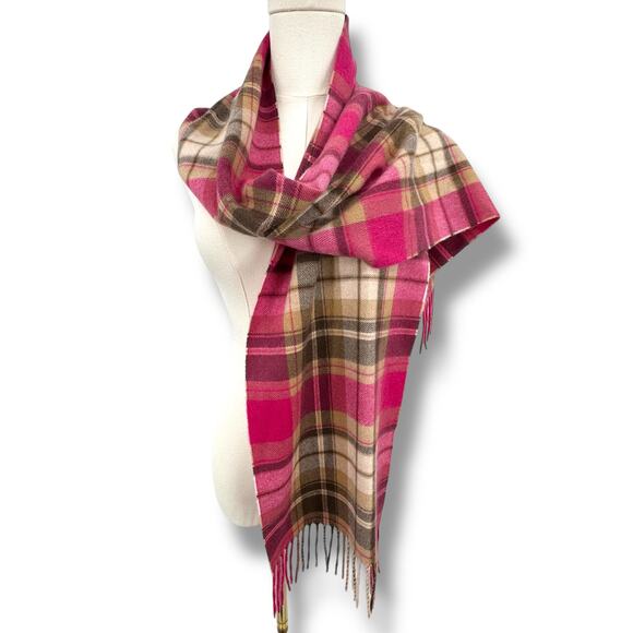 Amicale scarf 100% cashmere fringe plaid pink tan - Picture 1 of 5